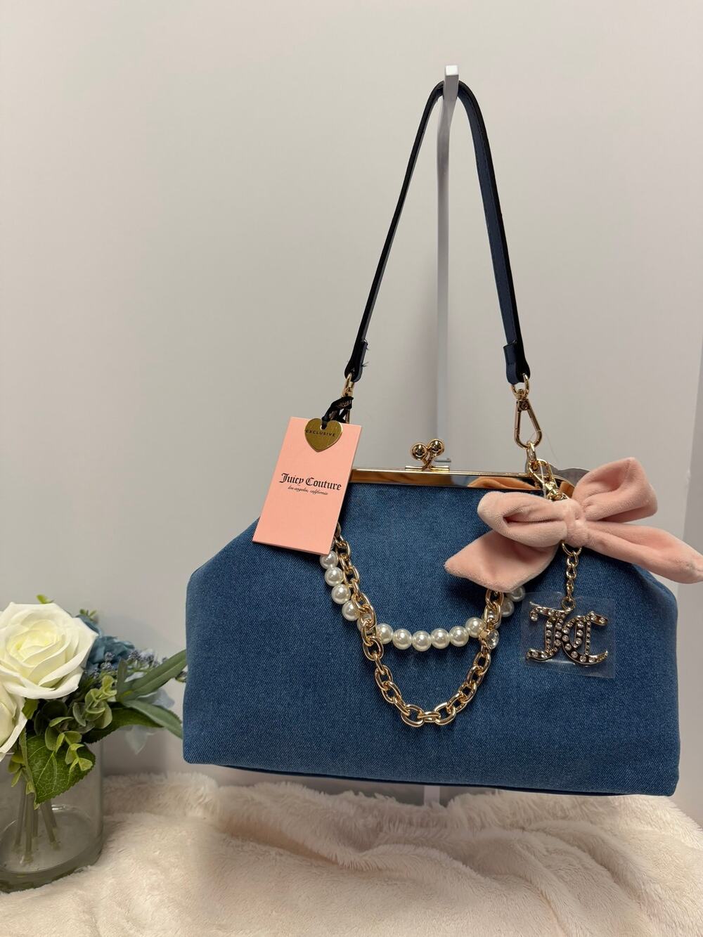 NWT Juicy Couture Denim Kisslock Shoulder Bag Blue Rhinestone Charm Pearl Chain